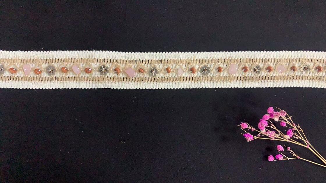 quality Ethnic Style Design Hemp Thread Weaving Lace Bead Pure Handmade Woven Fabric Clothing Accessories Beautiful Webbing factory