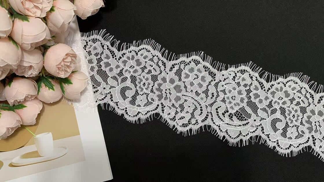 Quality Double sided wavy eyelash lace trim neck lace 11.5cm nylon perfect for adding elegance and unique floral embroidery to nightwear sleeves factory
