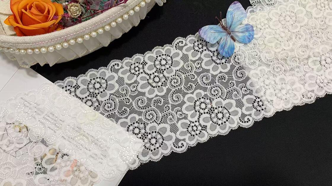Quality Retro European Floral Elastic Lace Trim with 15.5cm Width and Nylon/Spandex Blend for Women's Dresses factory