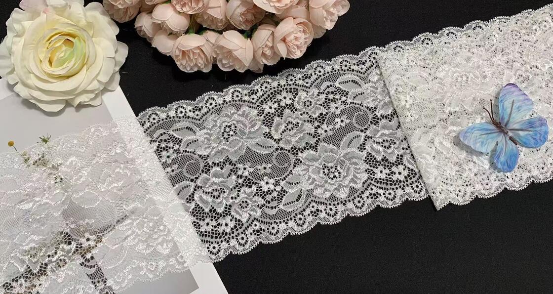 Quality French Lace Camellia Flower Pattern 15cm Width Dual Color Fancy Luxury Elastic Nylon Spandex Lace Pajama Decoration Accessories factory