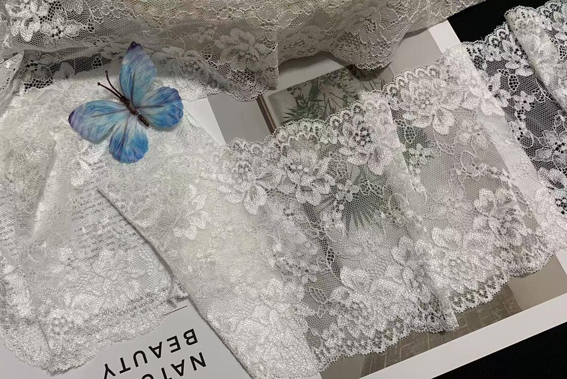 Quality A1Z011 16.5cm Wide Fancy French Double Wave Floral Elastic Stretch Lace Fabric Rhinestones for Lingerie Wedding Dresses factory