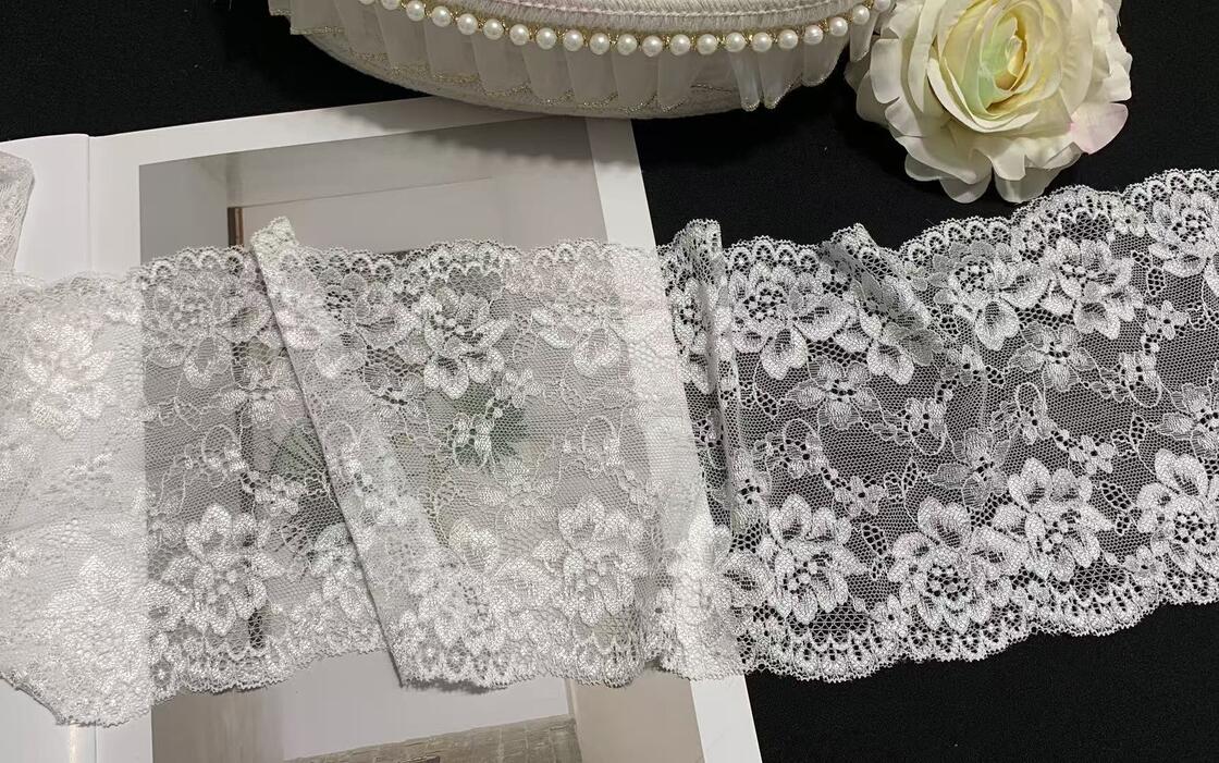 Quality A1Z011 16.5cm Wide Fancy French Double Wave Floral Elastic Stretch Lace Fabric Rhinestones for Lingerie Wedding Dresses factory