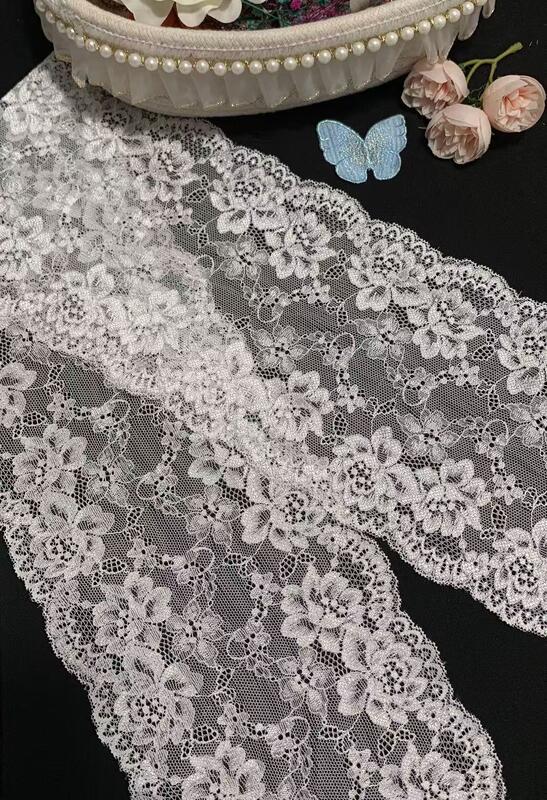Quality A1Z011 16.5cm Wide Fancy French Double Wave Floral Elastic Stretch Lace Fabric Rhinestones for Lingerie Wedding Dresses factory