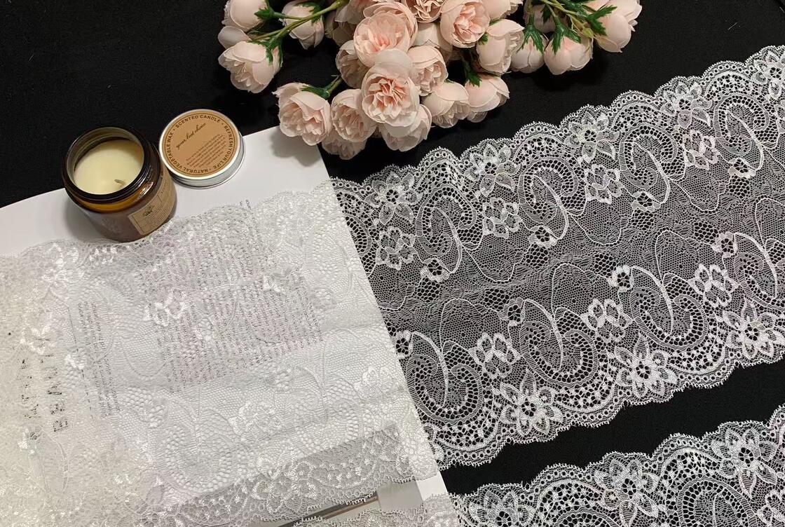 Quality A1Z012# Double Scalloped Shell Knitted French Lace with Spandex 21.5CM Width Elastic for Bridal Apparel factory