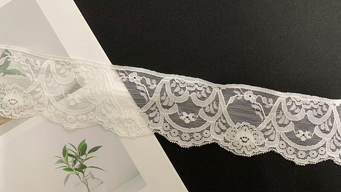 Quality 6.5cm Soft White Floral Nylon Stretch Lace Trim with Scalloped Flower Edge for Lingerie & Dress Sewing factory