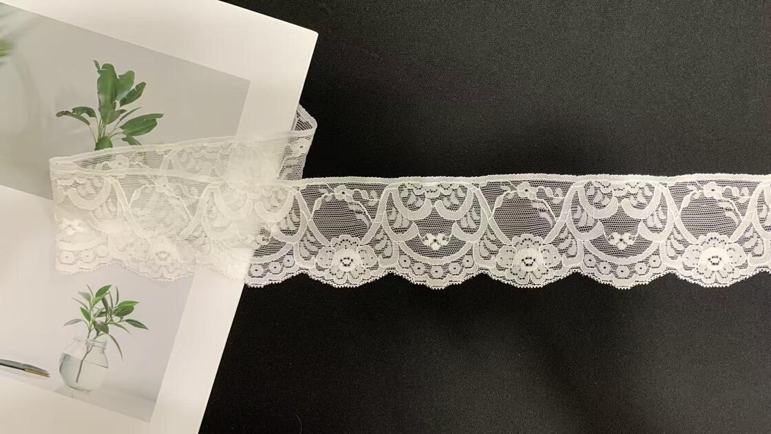 Quality 6.5cm Soft White Floral Nylon Stretch Lace Trim with Scalloped Flower Edge for Lingerie & Dress Sewing factory