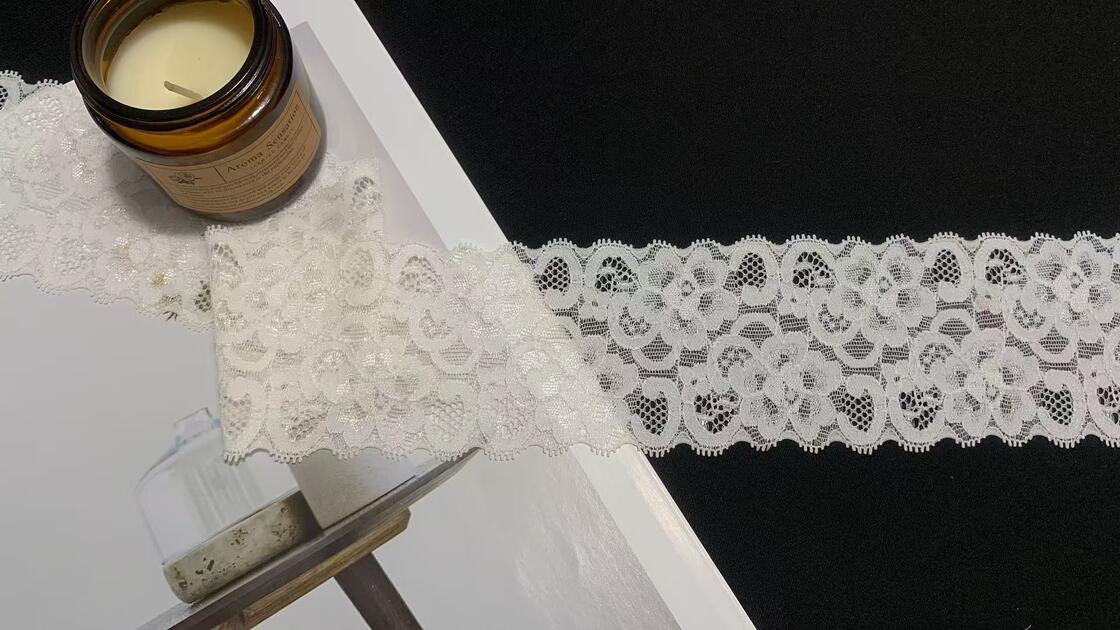 Quality Exquisite White Heart-floral Lace with Dotted Hollow Mesh, Soft Stretch Nylon for Garment and Intimate Wear Trimming factory