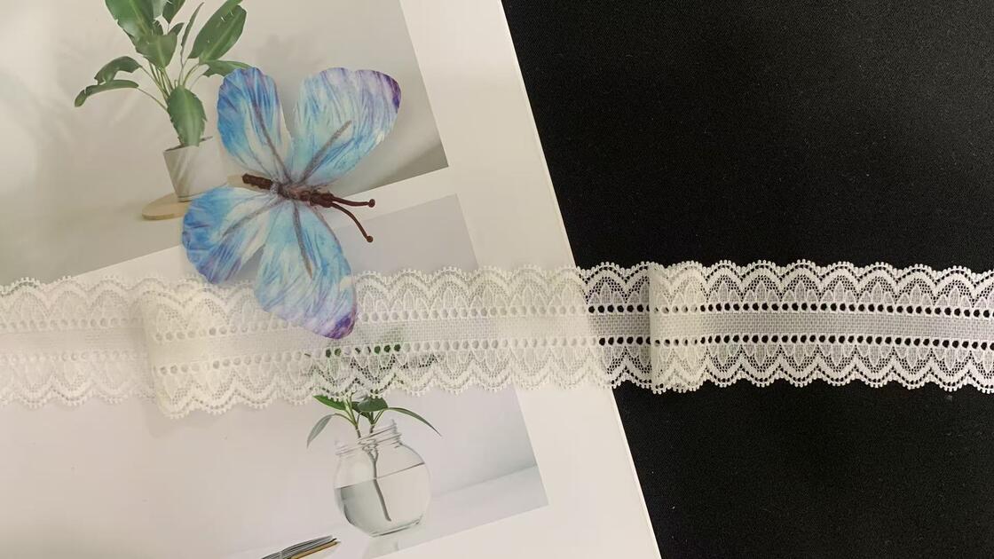 Quality 4cm Symmetric Hollow-out Nylon Lace Trim with Neat Scalloped Edge, Eco-friendly Elastic Fabric for Garment Sewing and Appear Trimming factory