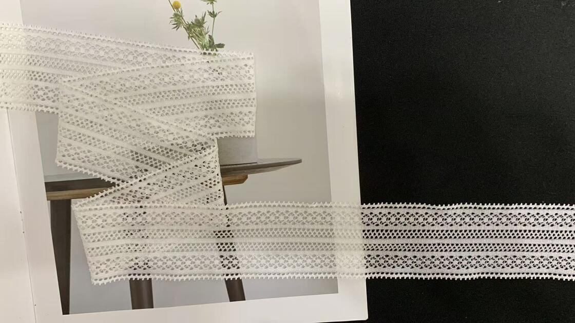 Quality 5cm White Symmetric Hollow-out Nylon Lace Trim with Delicate Scalloped Edge Eco-friendly Elastic Fabric for Garment Sewing factory