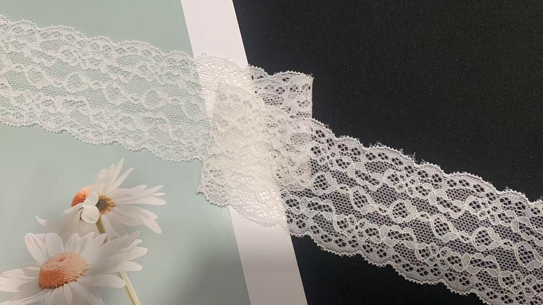 Quality 5.7cm Exquisite Openwork Pattern Stretch Lace Trim with Delicate Eyelet Design Soft Nylon Fabric for Women's Dresses and Lingerie factory