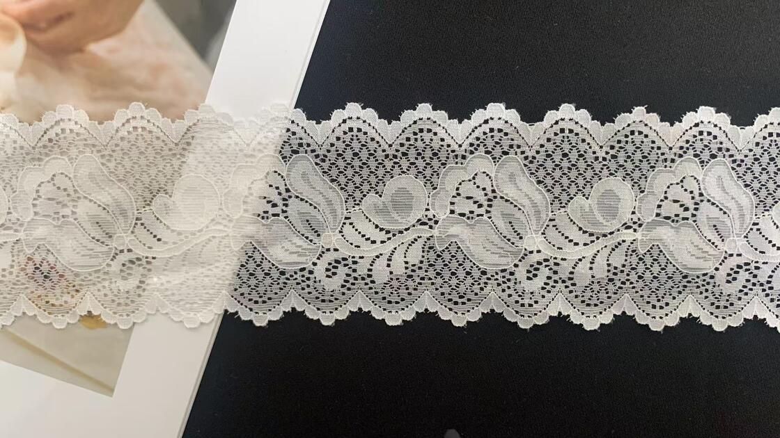 Quality 7cm Soft Elastic Hollow Floral Nylon Lace Trim with Double Scalloped Edge for Lingerie & Women's Dresses factory