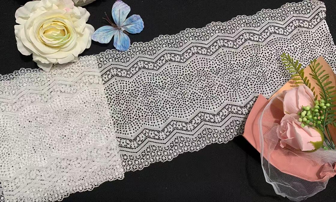 Quality Premium French Lace Luxury Fancy Vintage Wave Jacquard Stretch Lace Trim White Elastic Lace Tape Breathable Mesh Lace Border DIY factory