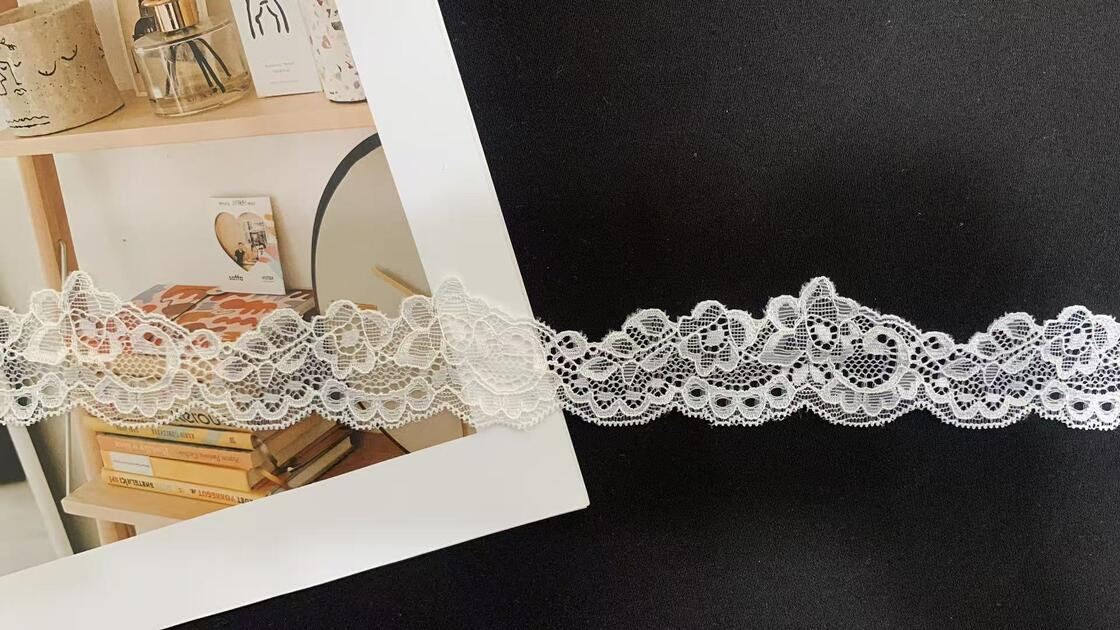 Quality 4cm Vintage Curly Floral Hollow Elastic Nylon Lace Trim Double Scalloped Edge Soft Breathable Fabric for Lingerie Nightgown Wedding Dress and Ladies Fashion Apparel Decoration factory