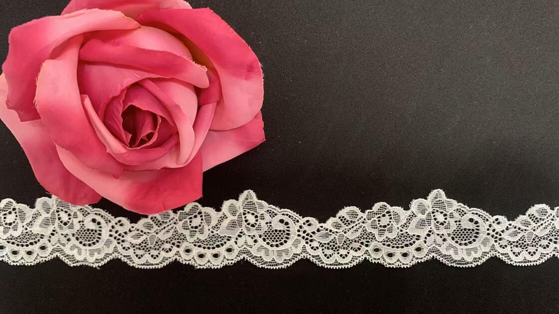 Quality 4cm Vintage Curly Floral Hollow Elastic Nylon Lace Trim Double Scalloped Edge Soft Breathable Fabric for Lingerie Nightgown Wedding Dress and Ladies Fashion Apparel Decoration factory