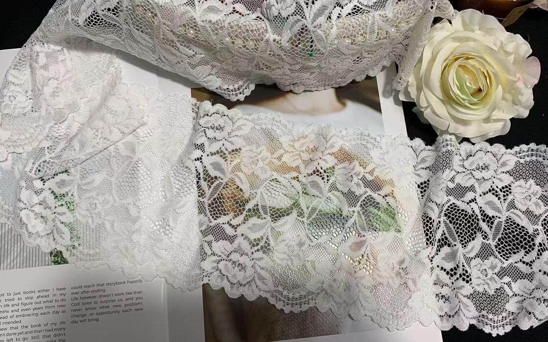 Quality A1Z015# White Floral Leaf Stretch Lace Edging, Wide Elastic Lace Trim for Underwear & Garment Decoration factory