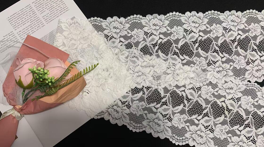 Quality A1Z015# White Floral Leaf Stretch Lace Edging, Wide Elastic Lace Trim for Underwear & Garment Decoration factory