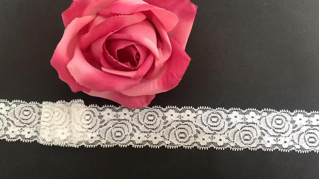 Quality 4cm Rose Floral Elastic Nylon Lace Trim with Tiny Picot Edge for Lingerie and Dress Decoration factory