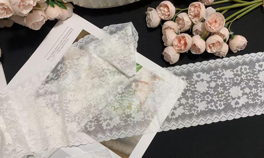 Quality A1Z016 12cm Wide French Lace Floral Stretch Elastic Trim Wave Border for Pajamas and Bags factory