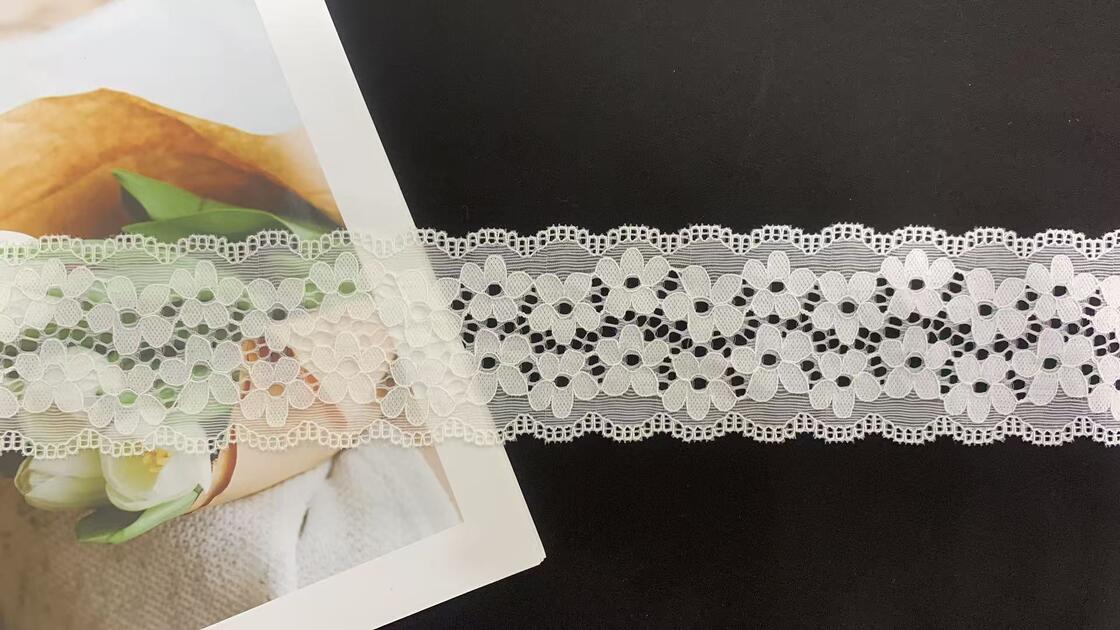 Quality 6.5cm Soft Breathable Floral Hollow Stretch Lace Ribbon White Elastic Lace Accessory Suitable for Skirt Lingerie Handmade Craft Apparel Accessories Large Quantity Supply factory