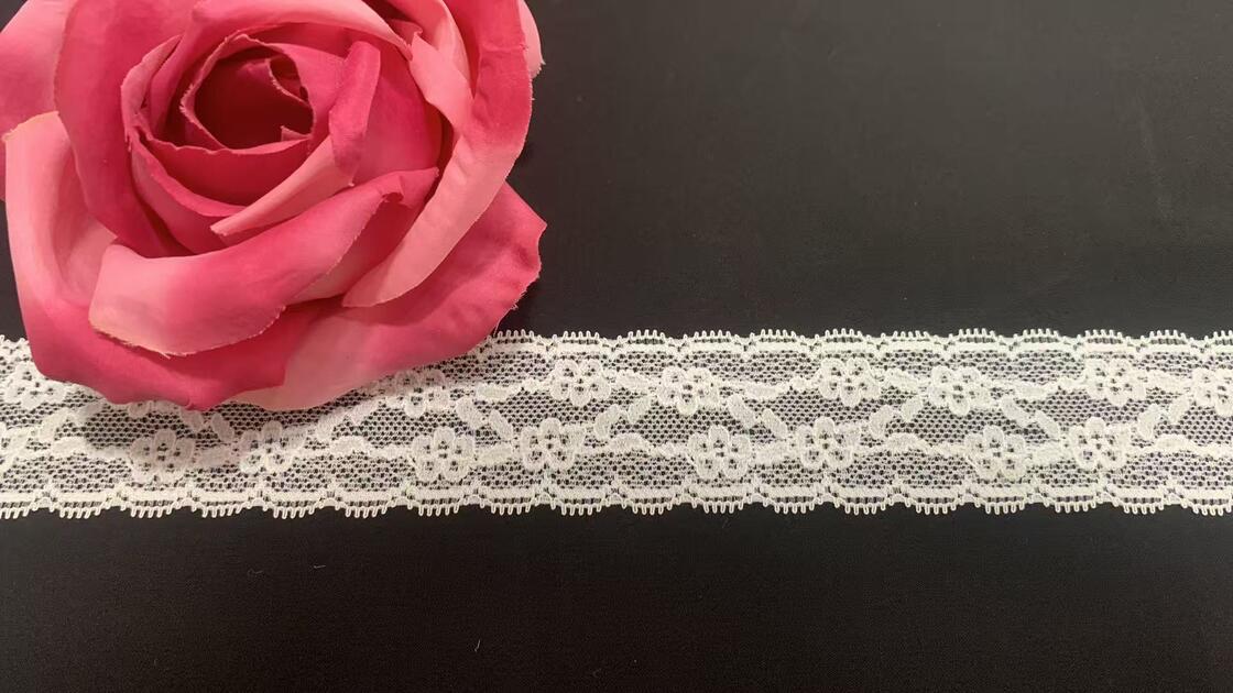 Quality 4cm White Vine Floral Elastic Nylon Lace Trim with Tooth Hollow Mesh for Lingerie and Wedding Dresses factory