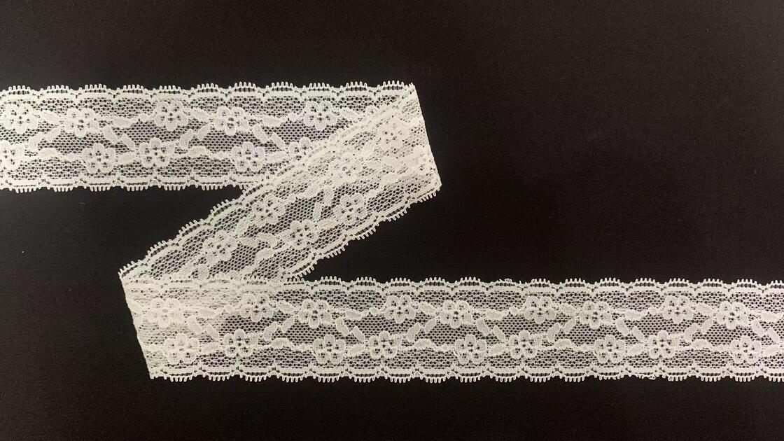 Quality 4cm White Vine Floral Elastic Nylon Lace Trim with Tooth Hollow Mesh for Lingerie and Wedding Dresses factory