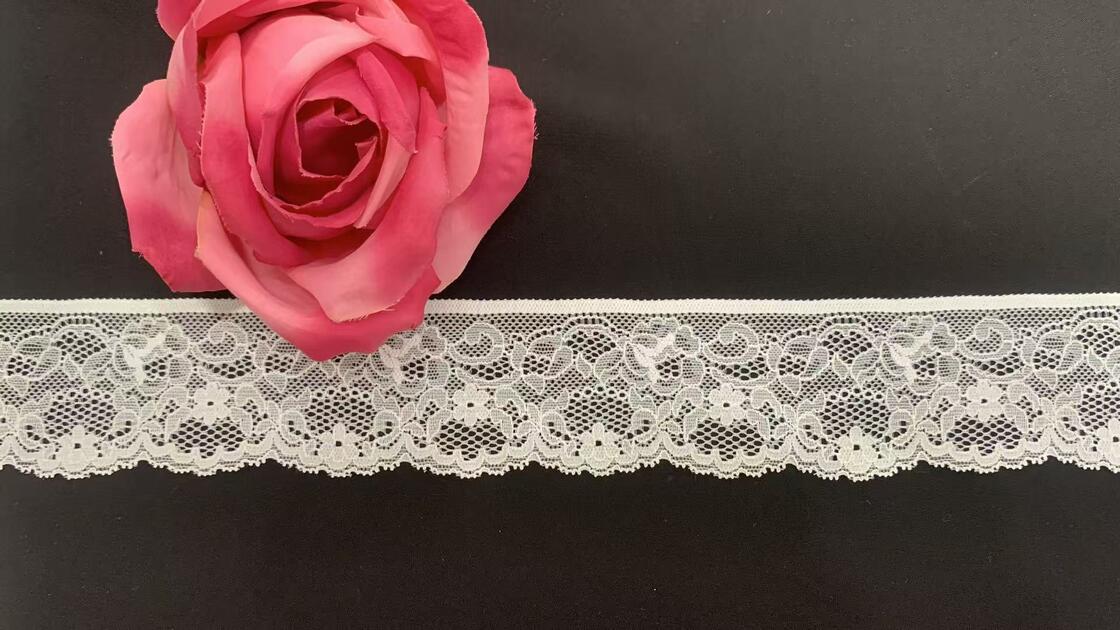 Quality 5.5cm Elastic Nylon Spandex Lace Trim with Single Floral Scalloped Bottom and Soft Mesh for Garment Decoration factory