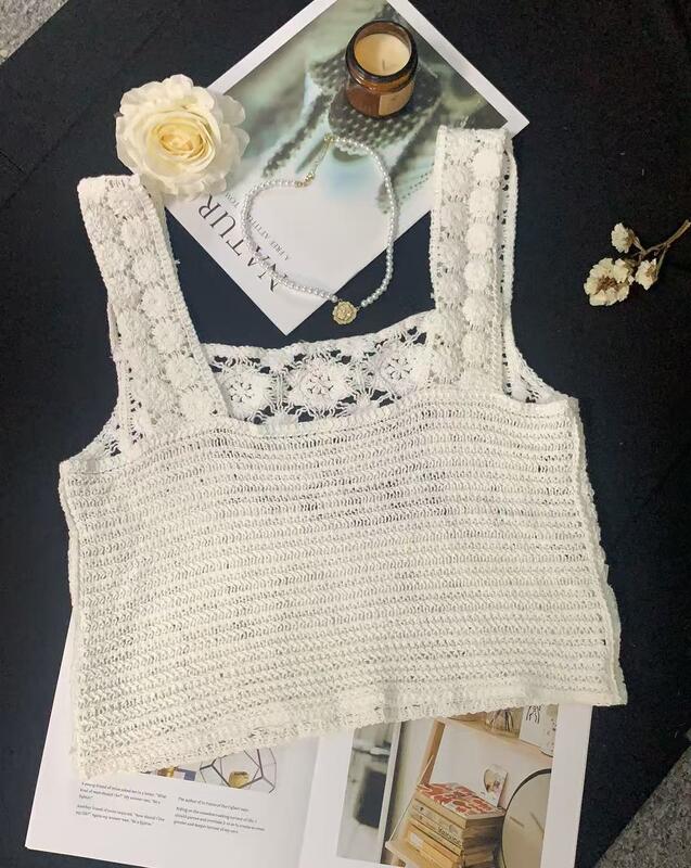 Quality Bohemian lace knit vest retro hollow knit V-neck sleeveless camisole tank top factory