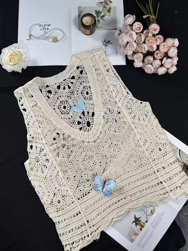 Quality Bohemian lace knit vest retro hollow knit V-neck sleeveless camisole tank top factory