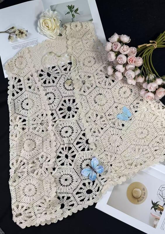 Quality Mid to Long Bohemian Knitted Jacket with Handmade Leaf Floral Crochet Hollow-Out Design and Lightweight Knitted Fabric in Retro Boho Style factory