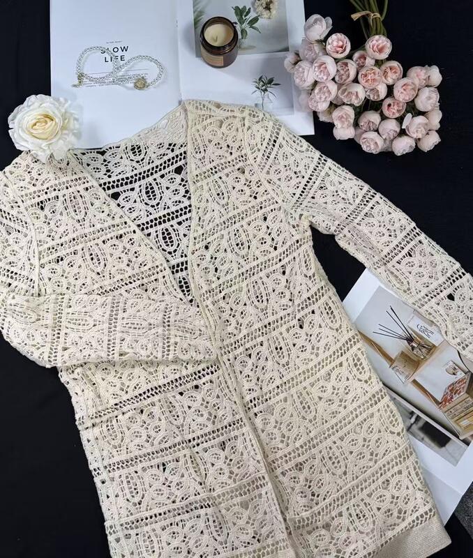 Quality Mid to Long Bohemian Knitted Jacket with Handmade Leaf Floral Crochet Hollow-Out Design and Lightweight Knitted Fabric in Retro Boho Style factory