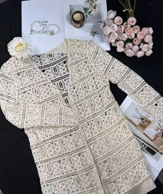 Quality Mid to Long Bohemian Knitted Jacket with Handmade Leaf Floral Crochet Hollow-Out Design and Lightweight Knitted Fabric in Retro Boho Style factory