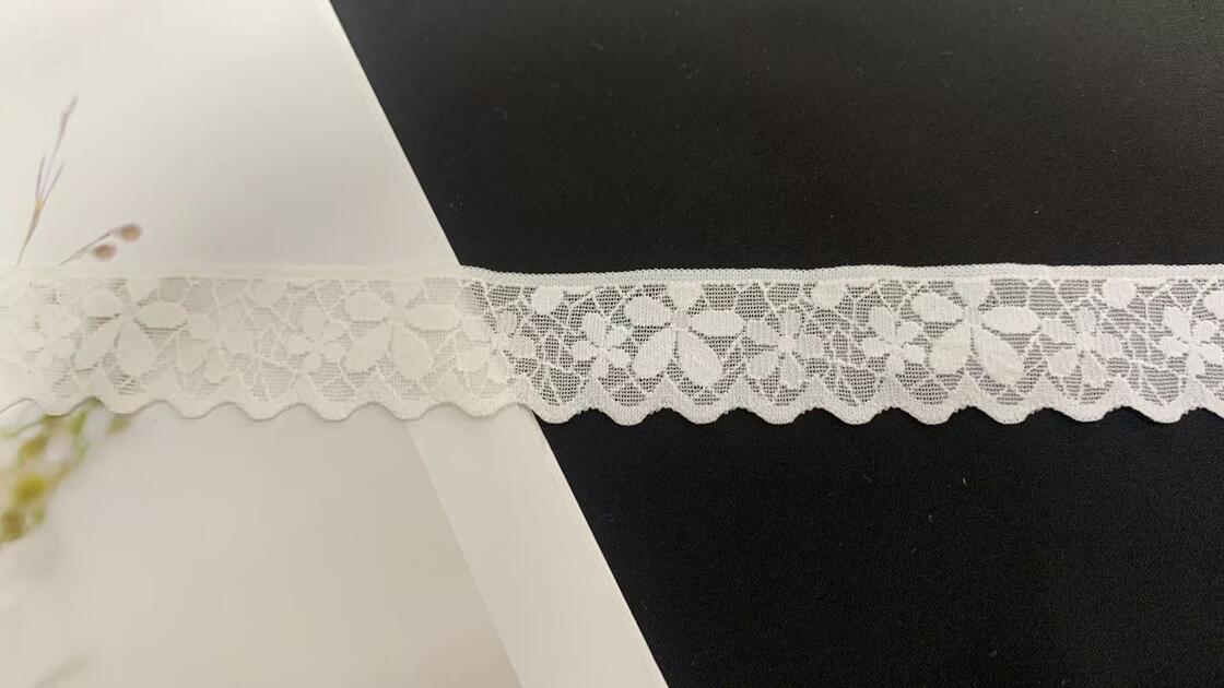 Quality 2.2cm Width Vintage Floral Hollow Stretch Lace Trim with Scalloped Bottom Edge Custom Dyed for Wedding Dress and Lingerie factory