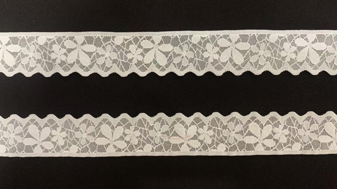 Quality 2.2cm Width Vintage Floral Hollow Stretch Lace Trim with Scalloped Bottom Edge Custom Dyed for Wedding Dress and Lingerie factory