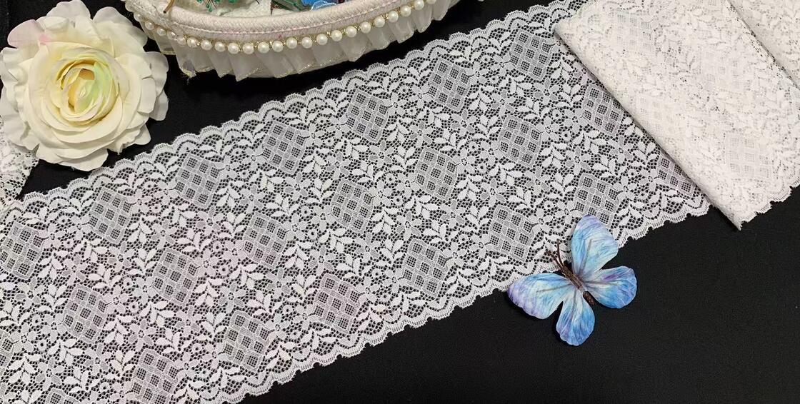 Quality A1Z017   18CMElastic White Lace Trim With Rhombus Leaf Pattern, Soft Stretch Lace For Lingerie Dress Skirt Decoration factory