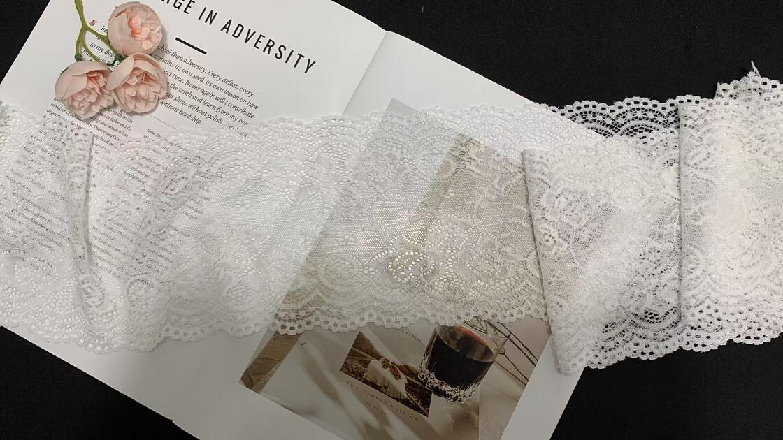 Quality A1Z019 Floral Hollow Out Stretch Lace Trim, Double Scalloped White Elastic Lace Ribbon For Lingerie Dress Pajama Garment Decoration factory