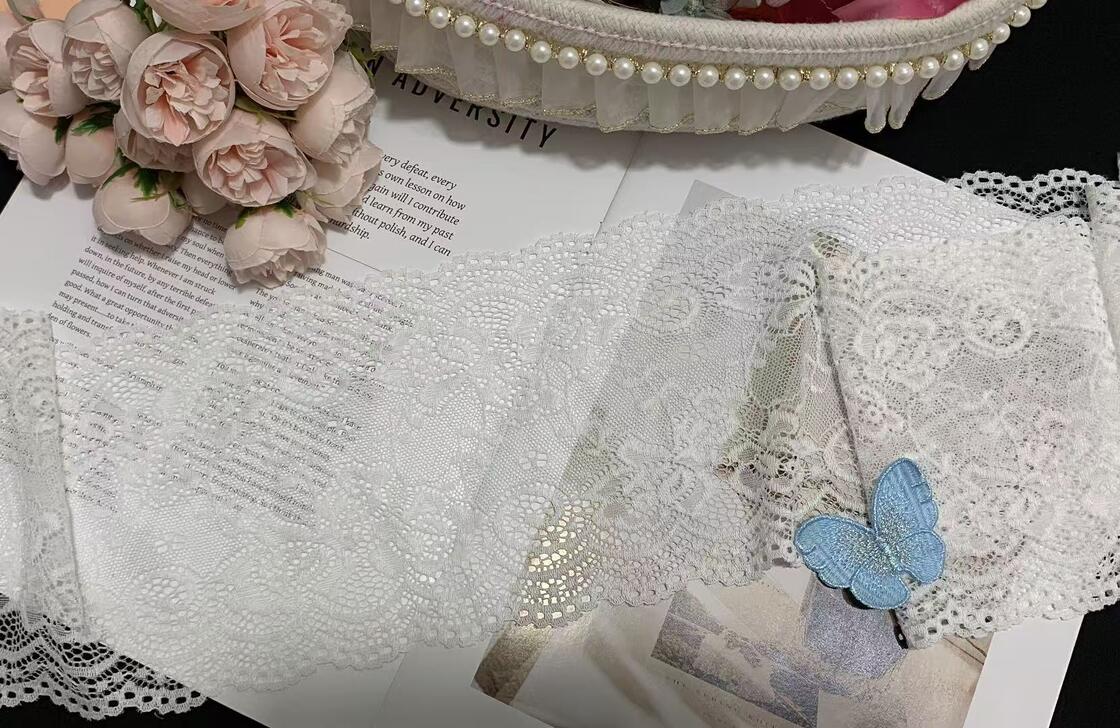 Quality A1Z019 Floral Hollow Out Stretch Lace Trim, Double Scalloped White Elastic Lace Ribbon For Lingerie Dress Pajama Garment Decoration factory
