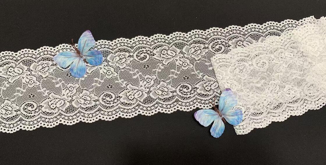 Quality A1Z019 Floral Hollow Out Stretch Lace Trim, Double Scalloped White Elastic Lace Ribbon For Lingerie Dress Pajama Garment Decoration factory