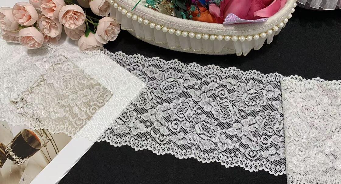 Quality A1Z020 Vintage Rose Floral Elastic Lace Trim, Double Scalloped Hollow Out White Lace Ribbon For Lingerie Dress Nightgown Decoration factory