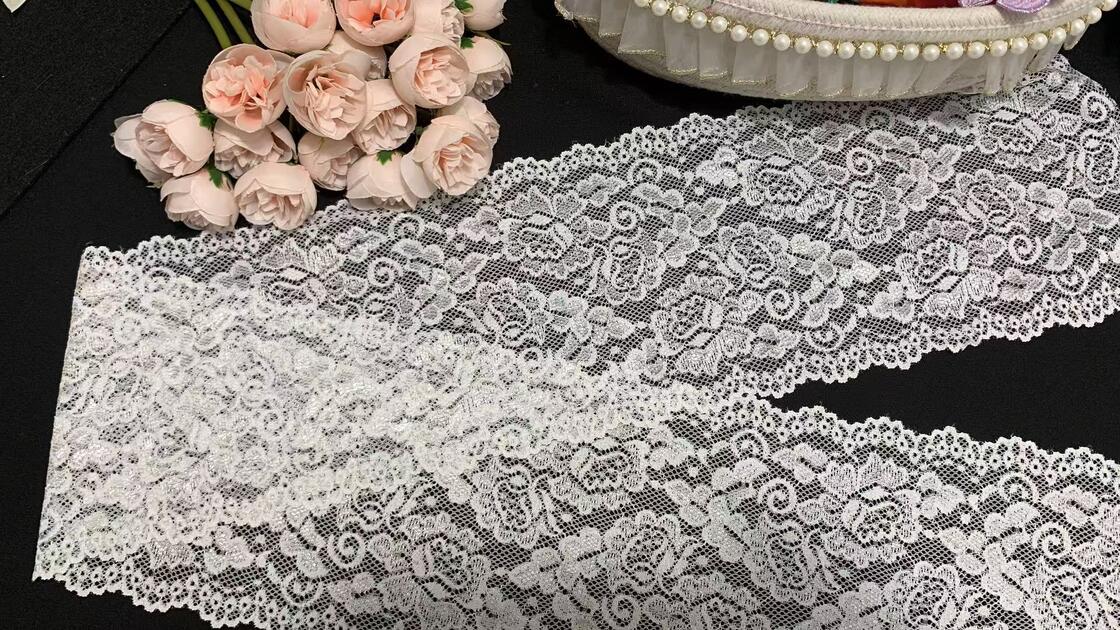 Quality A1Z020 Vintage Rose Floral Elastic Lace Trim, Double Scalloped Hollow Out White Lace Ribbon For Lingerie Dress Nightgown Decoration factory