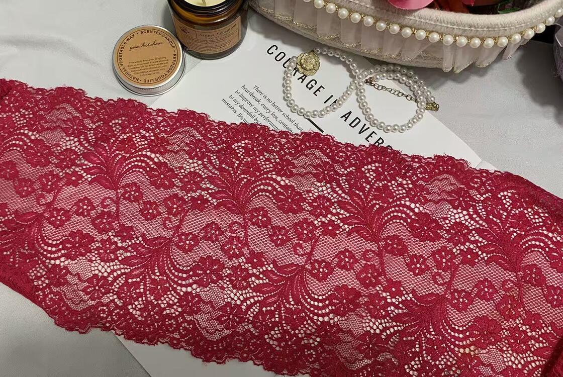 Quality A1Z021 Burgundy Floral Stretch Lace Trim, Double Scalloped Vintage Nylon/Spandex Lace Ribbon for Lingerie Wedding Dress Nightgown Decoration factory