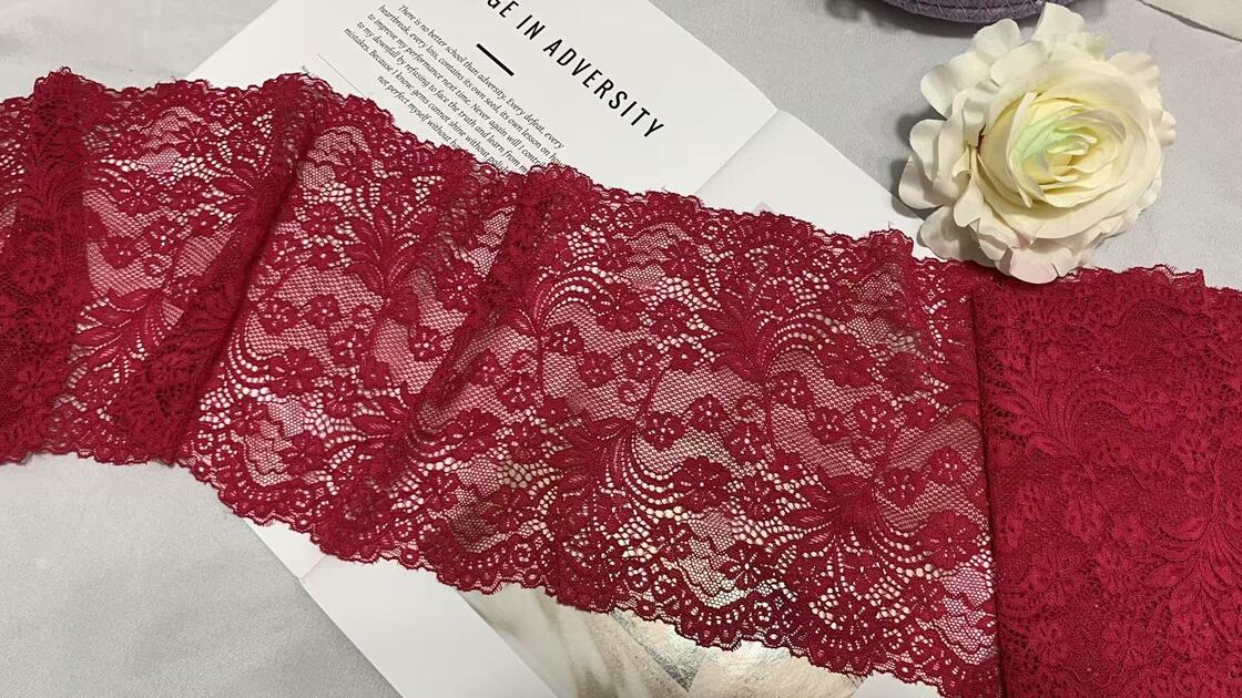 Quality A1Z021 Burgundy Floral Stretch Lace Trim, Double Scalloped Vintage Nylon/Spandex Lace Ribbon for Lingerie Wedding Dress Nightgown Decoration factory