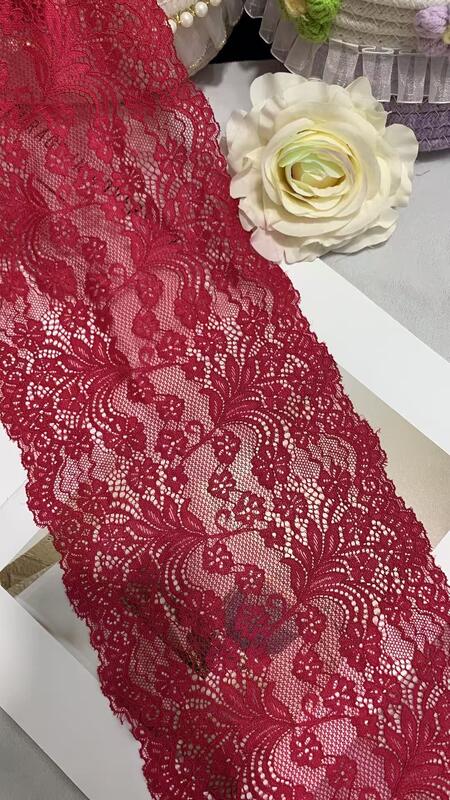 Quality A1Z021 Burgundy Floral Stretch Lace Trim, Double Scalloped Vintage Nylon/Spandex Lace Ribbon for Lingerie Wedding Dress Nightgown Decoration factory