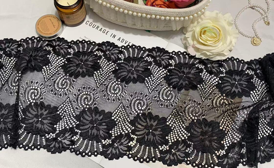 Quality A1Z022 Black Big Floral Stretch Lace Trim, 23.5CM Double Scalloped Hollow Out Elastic Lace Ribbon For Lingerie Dress Sleepwear Decoration factory
