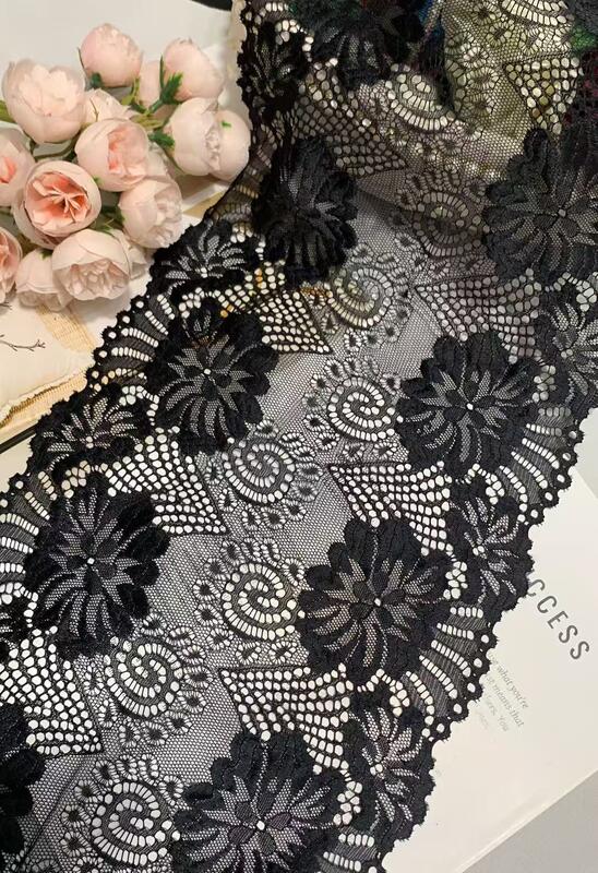 Quality A1Z022 Black Big Floral Stretch Lace Trim, 23.5CM Double Scalloped Hollow Out Elastic Lace Ribbon For Lingerie Dress Sleepwear Decoration factory