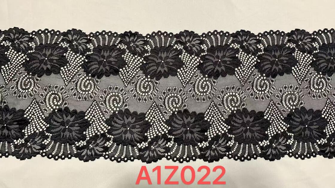Quality A1Z022 Black Big Floral Stretch Lace Trim, 23.5CM Double Scalloped Hollow Out Elastic Lace Ribbon For Lingerie Dress Sleepwear Decoration factory