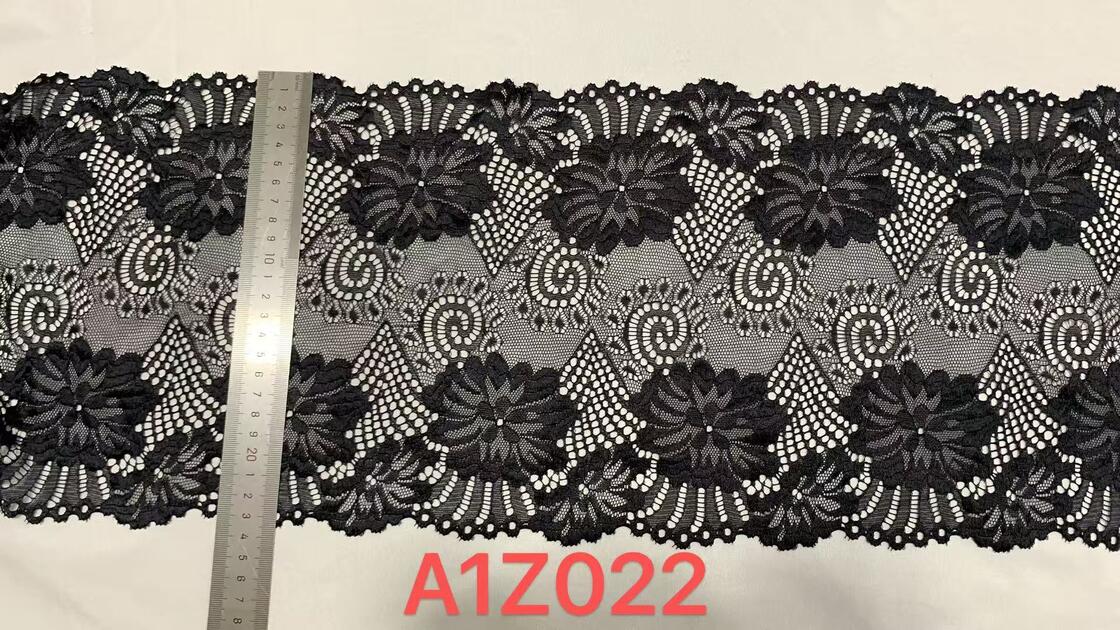 Quality A1Z022 Black Big Floral Stretch Lace Trim, 23.5CM Double Scalloped Hollow Out Elastic Lace Ribbon For Lingerie Dress Sleepwear Decoration factory
