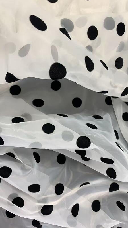Quality Luxury 100% Polyester Organza Lace Fabric with Black Polka Flocking Dot Print for Home Decor & Clothing factory