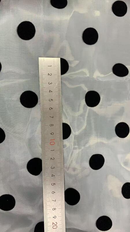 Quality Luxury 100% Polyester Organza Lace Fabric with Black Polka Flocking Dot Print for Home Decor & Clothing factory