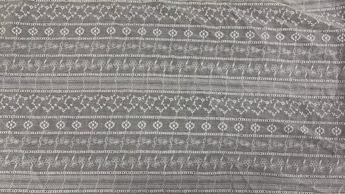 Quality Horizontal Striped Eyelet Embroidery Cotton Fabric,  Vintage Striped Floral chicken  Embroidery Cotton Lace Fabric Multi-Pattern Hollow Cutwork Lace for Summer Dresses Blouses Bridal Garments factory