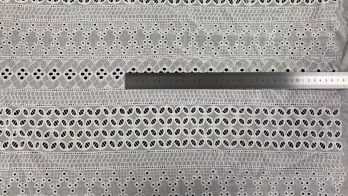 Quality Soft 100% Cotton Horizontal Striped Eyelet Embroidery Fabric, Geometric Diamond Oval Hollow Cutwork Lace for Summer Dress Blouse factory